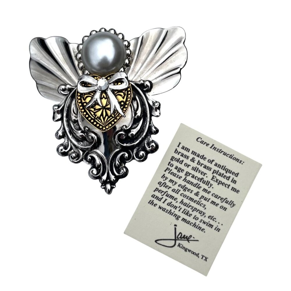 Jane Davis Signed Angel of Love 1995 Brooch Pin Silver Gold Tone Faux Pearl